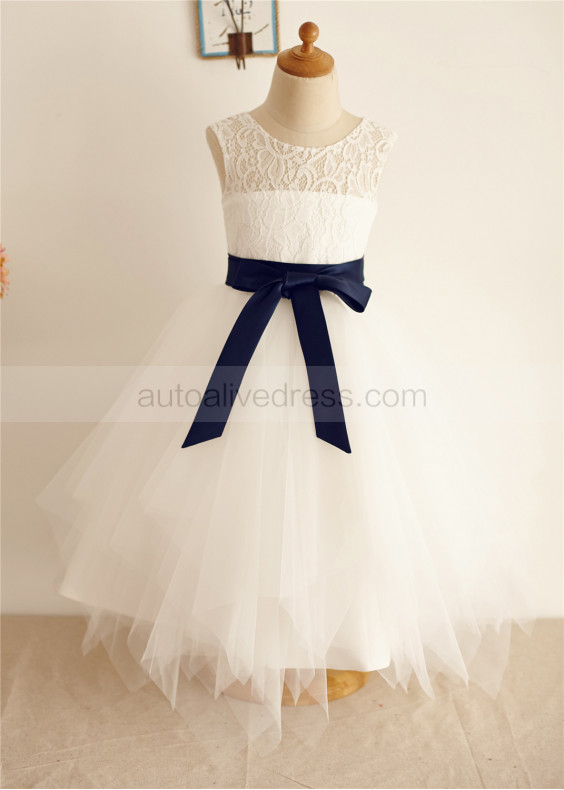 Ivory Lace Tulle Keyhole Back Handkerchief Hem Flower Girl Dress 